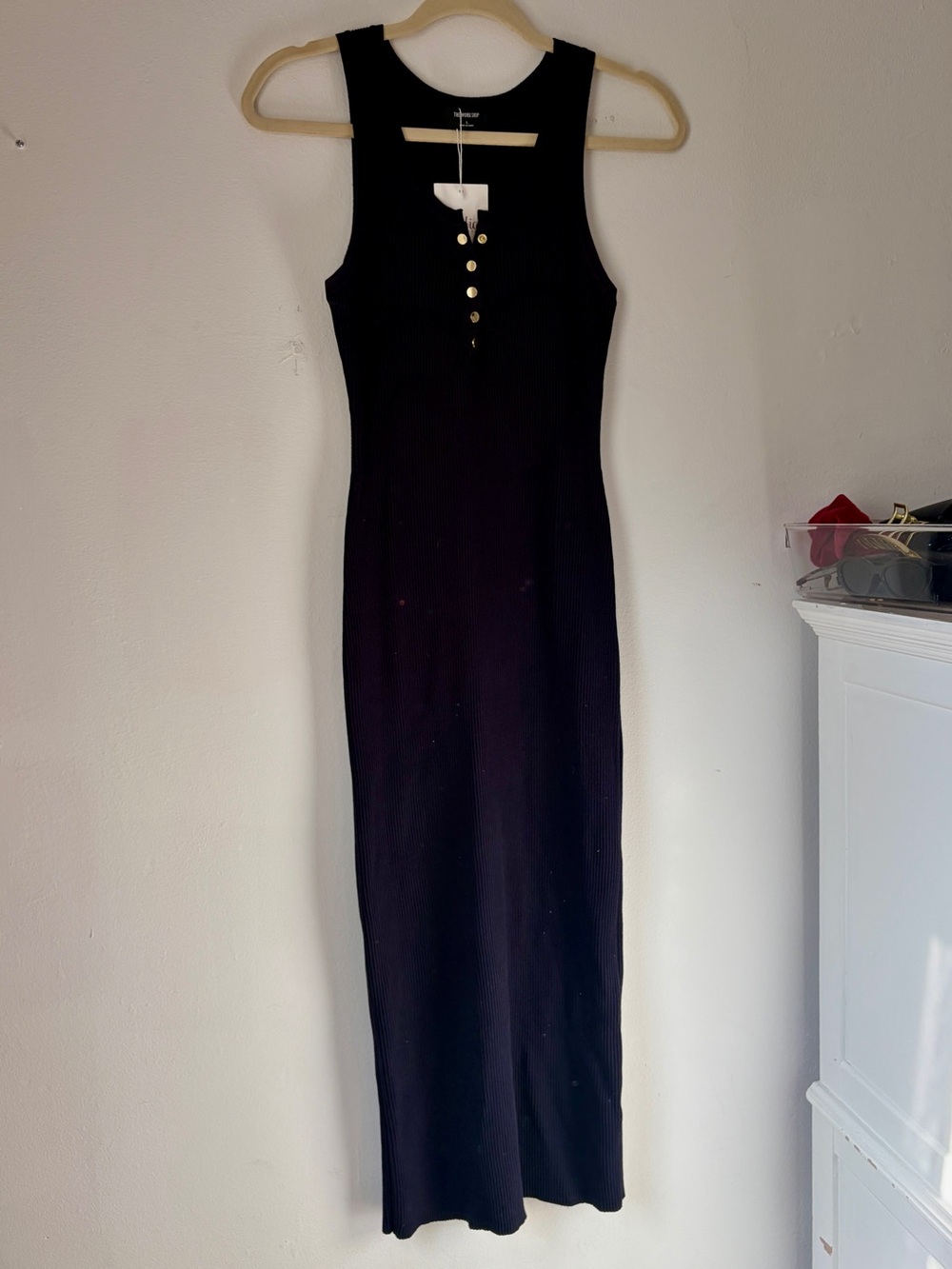 Navy Bodycon Ribbed Tank Maxi Dress with Gold Buttons